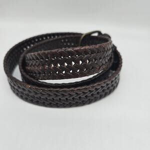 Roundtree & Yorke Braided Leather Belt 38 Brass Tone Buckle Closure Dark Brown